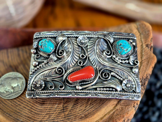 Turquoise & Coral Belt Buckle