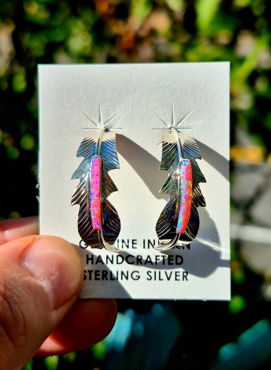 Pink Opal Feather 1/2 Hoops